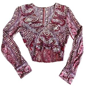 Womens Teens FREE PEOPLE Vneck Cropped Top Long Sleeved Size XS Pink Red